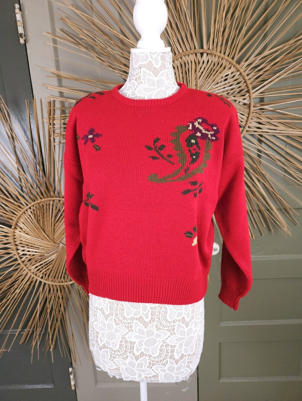 Leslie Faye Vintage 80s NWT Red Paisley Acrylic Sweater Womens L